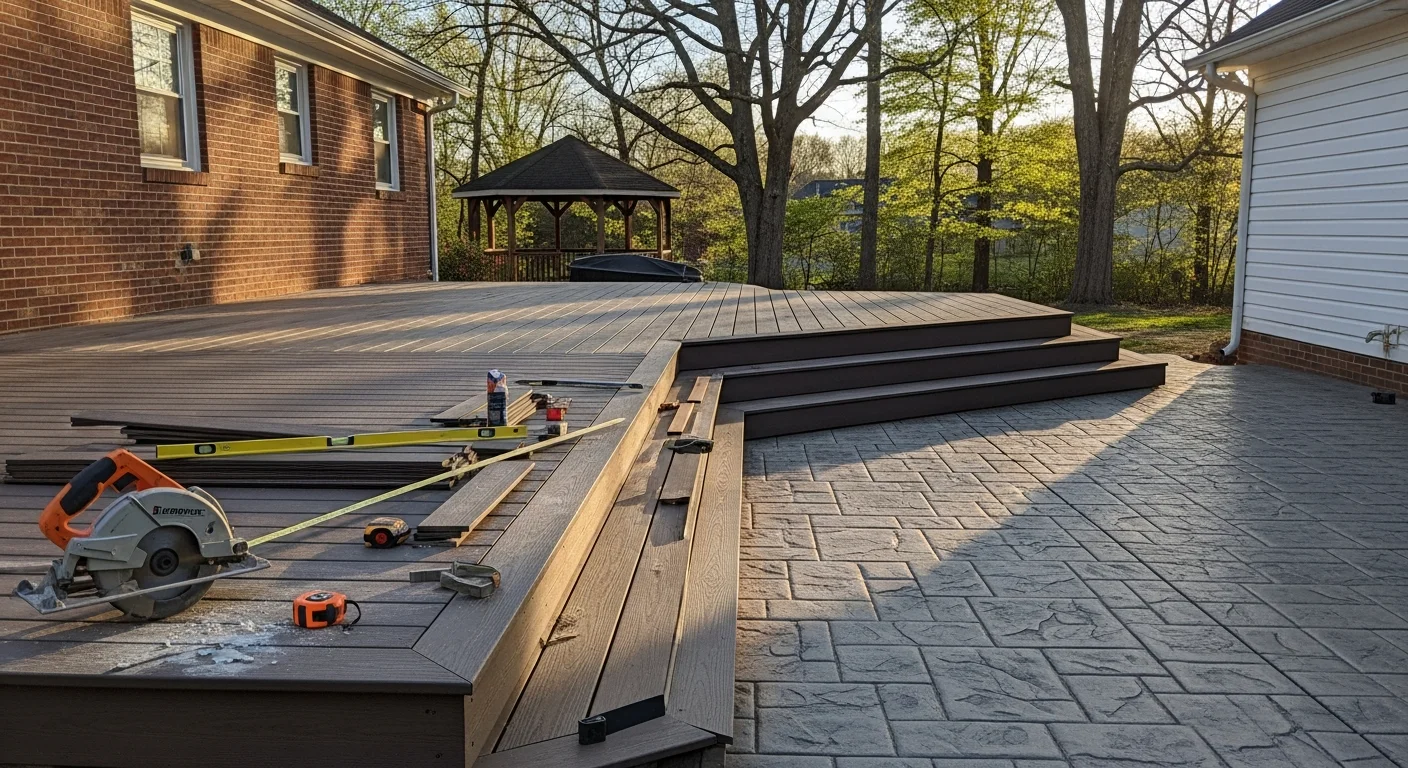 Custom wooden deck with seating area overlooking backyard
