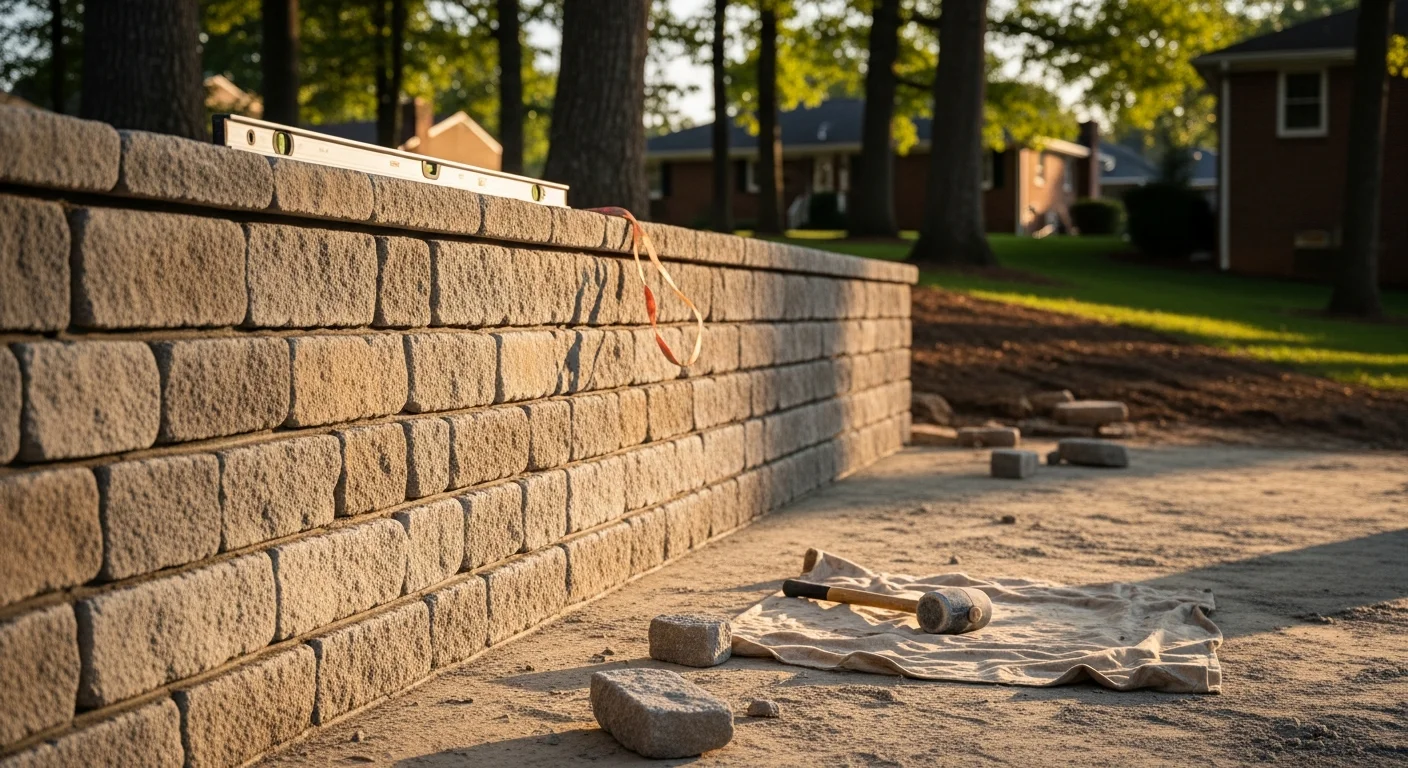Stone retaining wall with landscaping on residential property