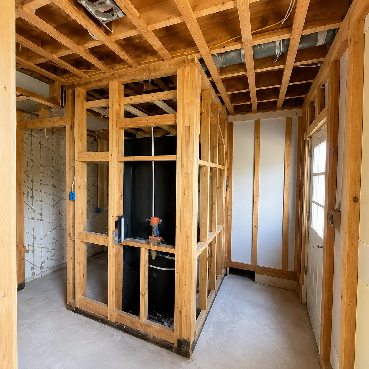 Wooden beam ceiling framing with stud walls, window openings, and electrical rough-in