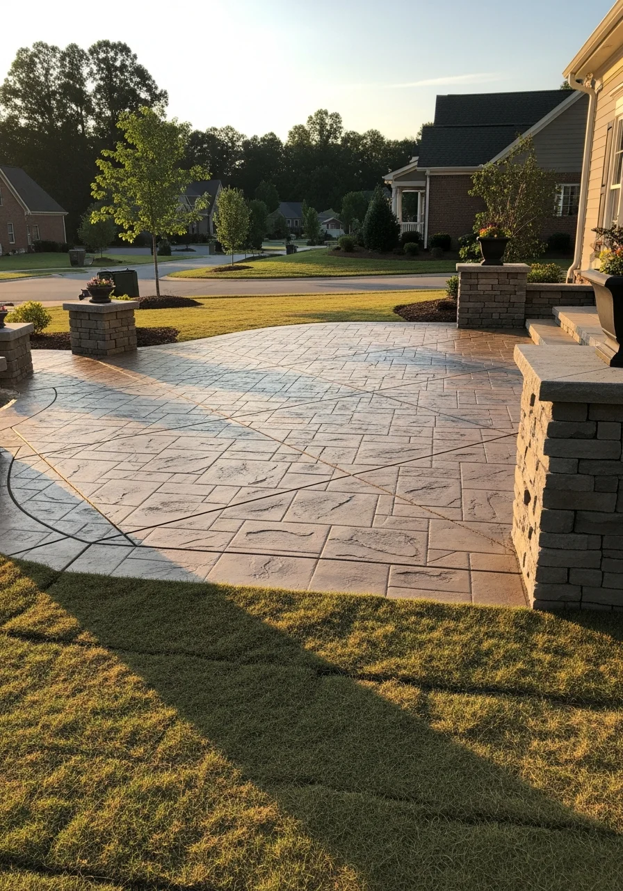 Stamped concrete patio with stone retaining wall in Clemmons neighborhood