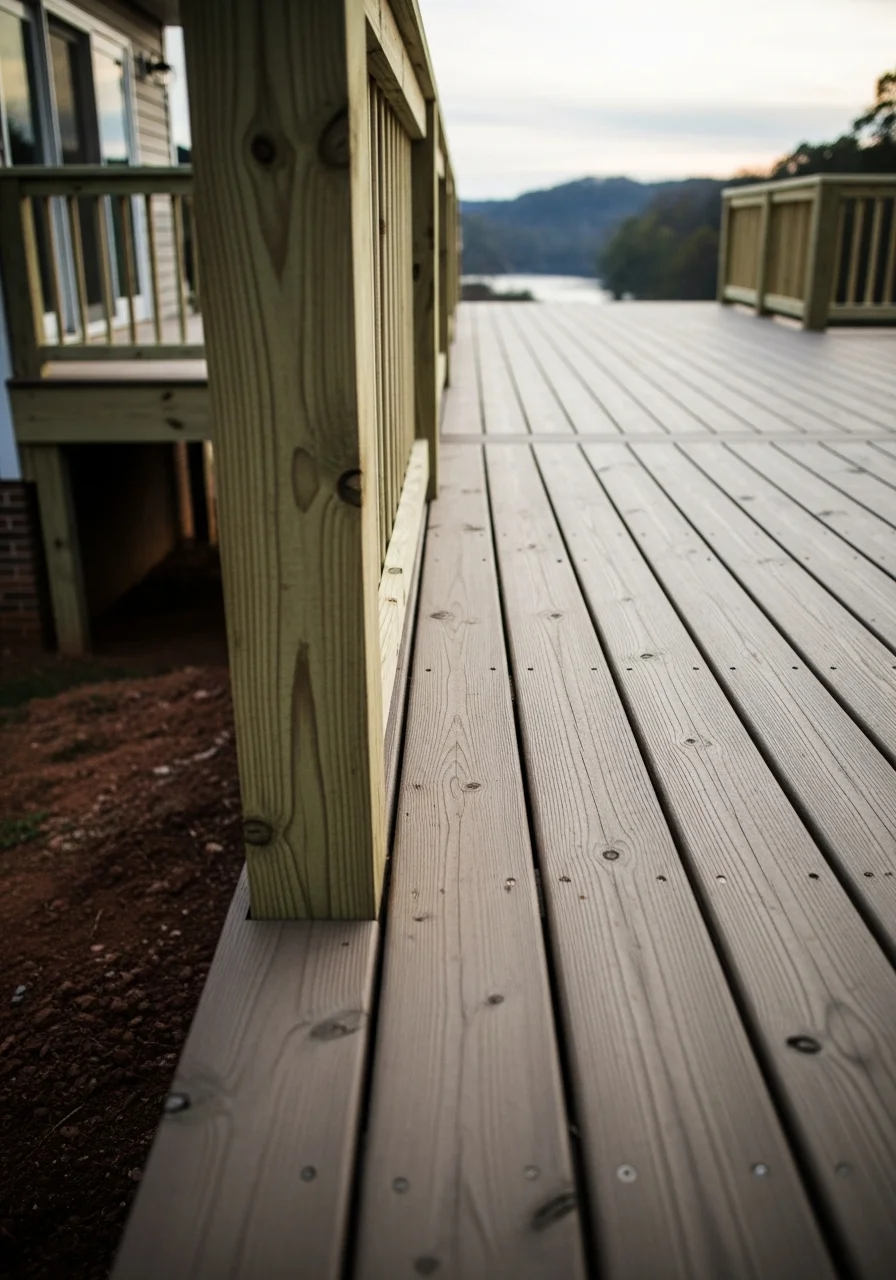 Custom deck and patio overlooking Madison NC landscape with Dan River access