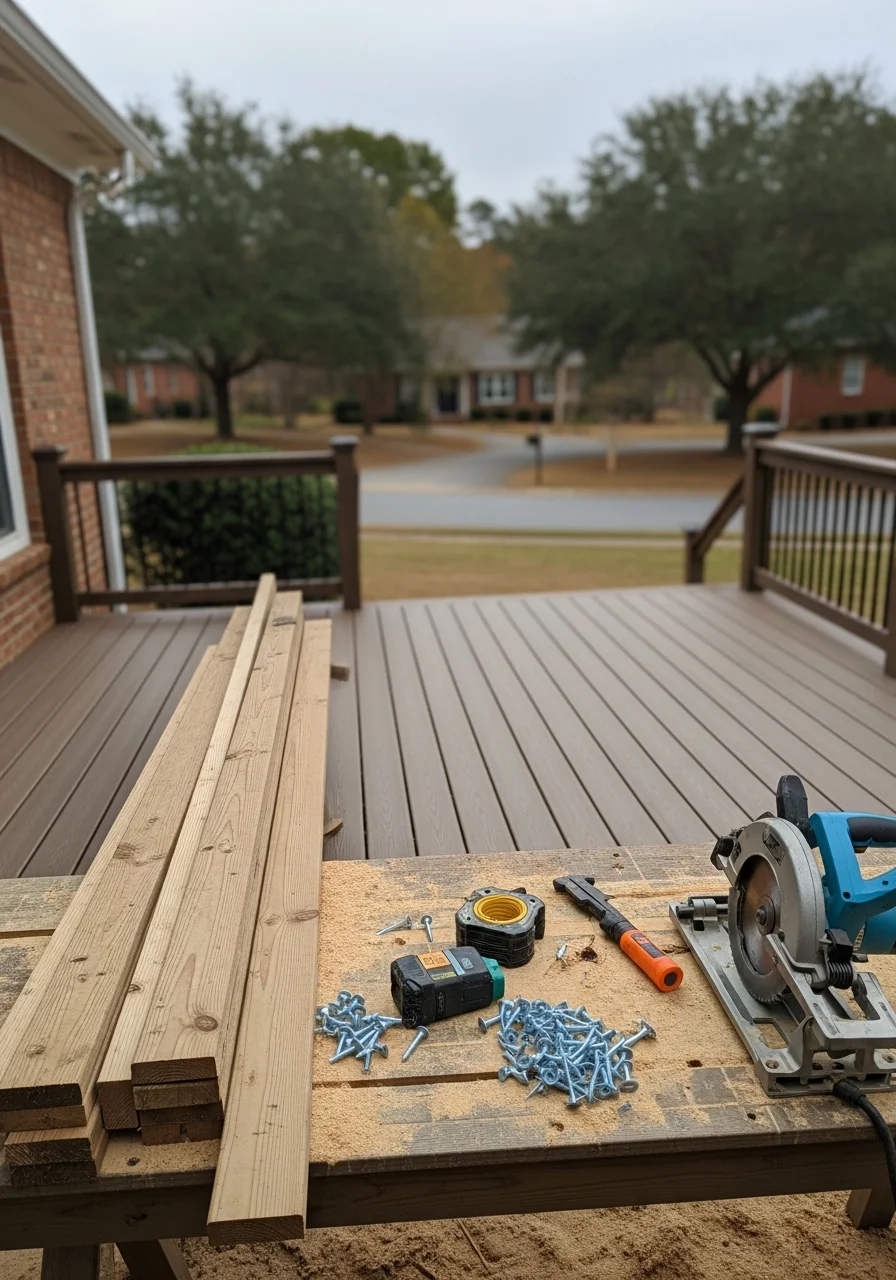 Modern residential deck and patio overlooking Mebane neighborhood landscape