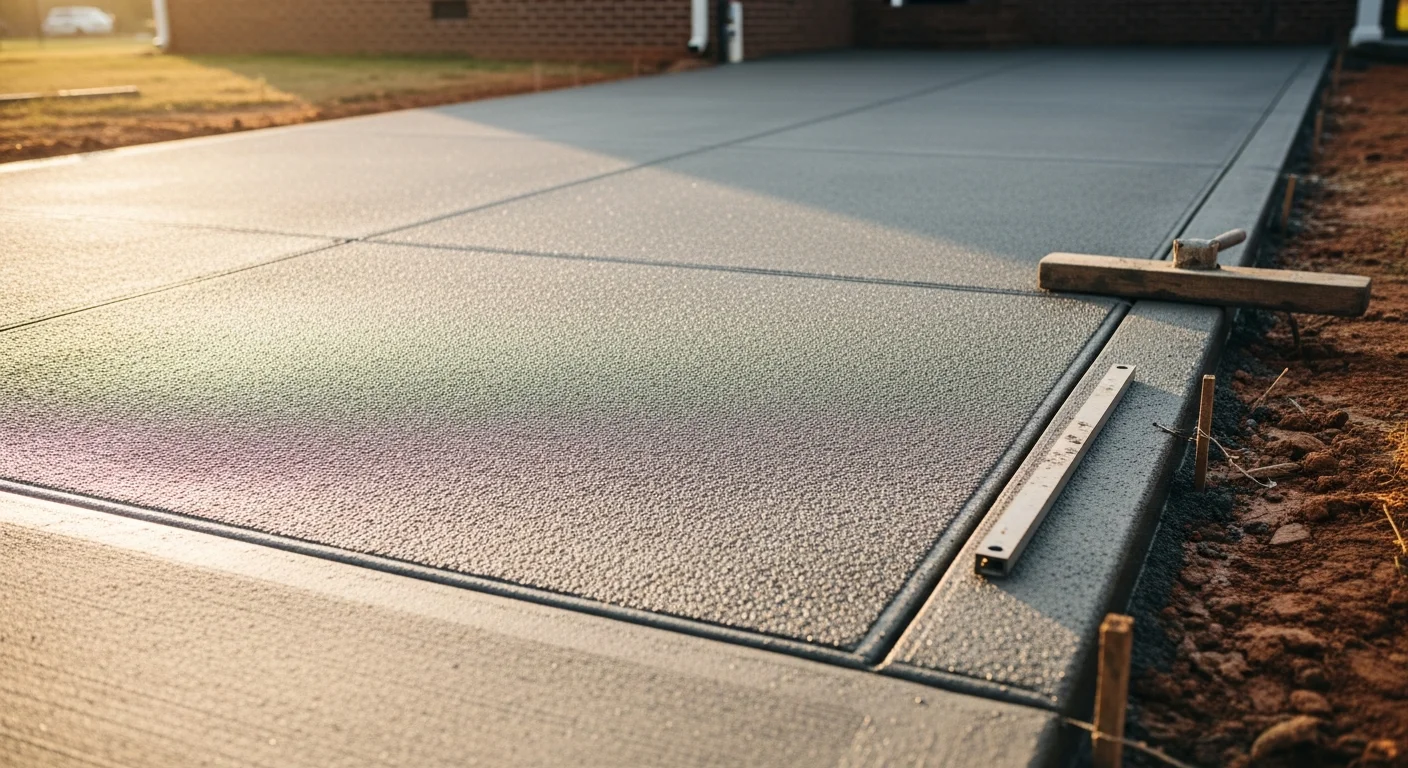 Freshly broom-finished concrete driveway at a residential property in Archdale, NC, with clean edges and a slight slope for drainage. The surface shows uniform texture from the street apron to the garage approach.