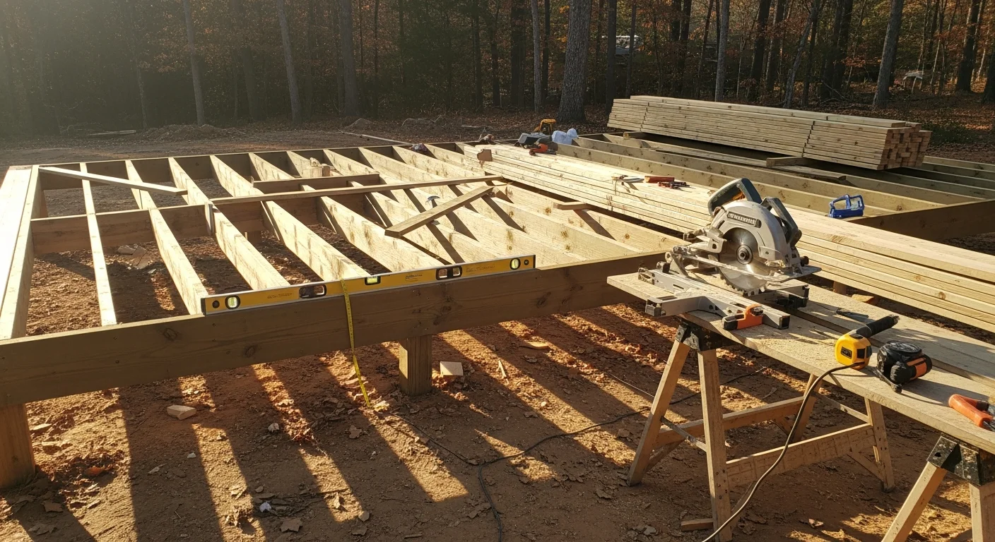 A custom-built backyard deck and pergola attached to a residential home in Archdale, North Carolina, featuring open-air seating and shade structure. The outdoor living space includes a defined patio area with a built-in pergola designed for the NC Piedmont climate.