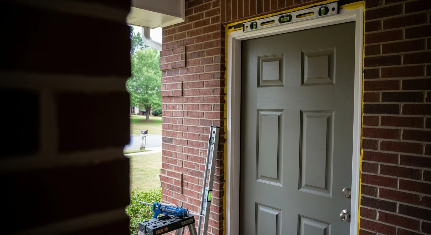 A newly installed exterior entry door on a residential home in Archdale, North Carolina, with a clean frame, tight weatherstripping, and a finished threshold visible at the base. A Carolina Crafted Builds, LLC installer checks the door swing and latch alignment from the interior side.