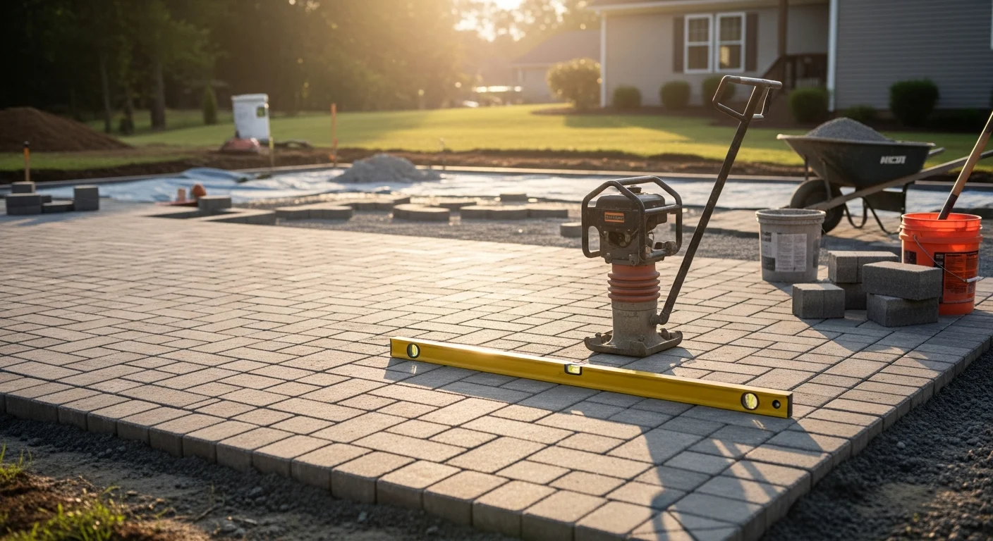 A finished hardscape patio and walkway installed by Carolina Crafted Builds, LLC at a residential property in Archdale, NC. The paved surface runs from the rear of a ranch-style home to a retaining wall built along a sloped backyard.