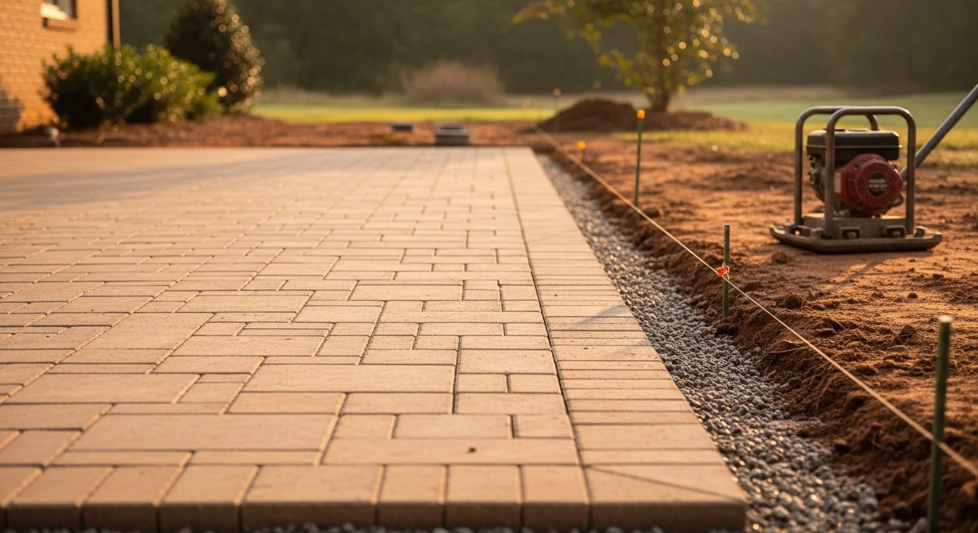 Freshly installed interlocking concrete pavers forming a backyard patio surface at a single-family home in Archdale, NC. The paver field shows clean joint lines, a compacted edge border, and graded drainage away from the home's rear foundation.
