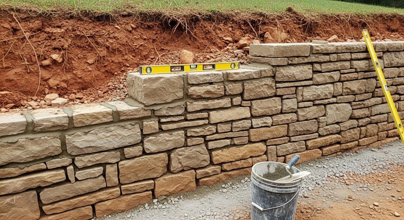 A repaired masonry retaining wall on a residential property in Archdale, NC, showing clean repointed joints and a level face holding back a sloped yard. Close view of the block or stone wall face after structural repair, with no visible cracking or bowing.