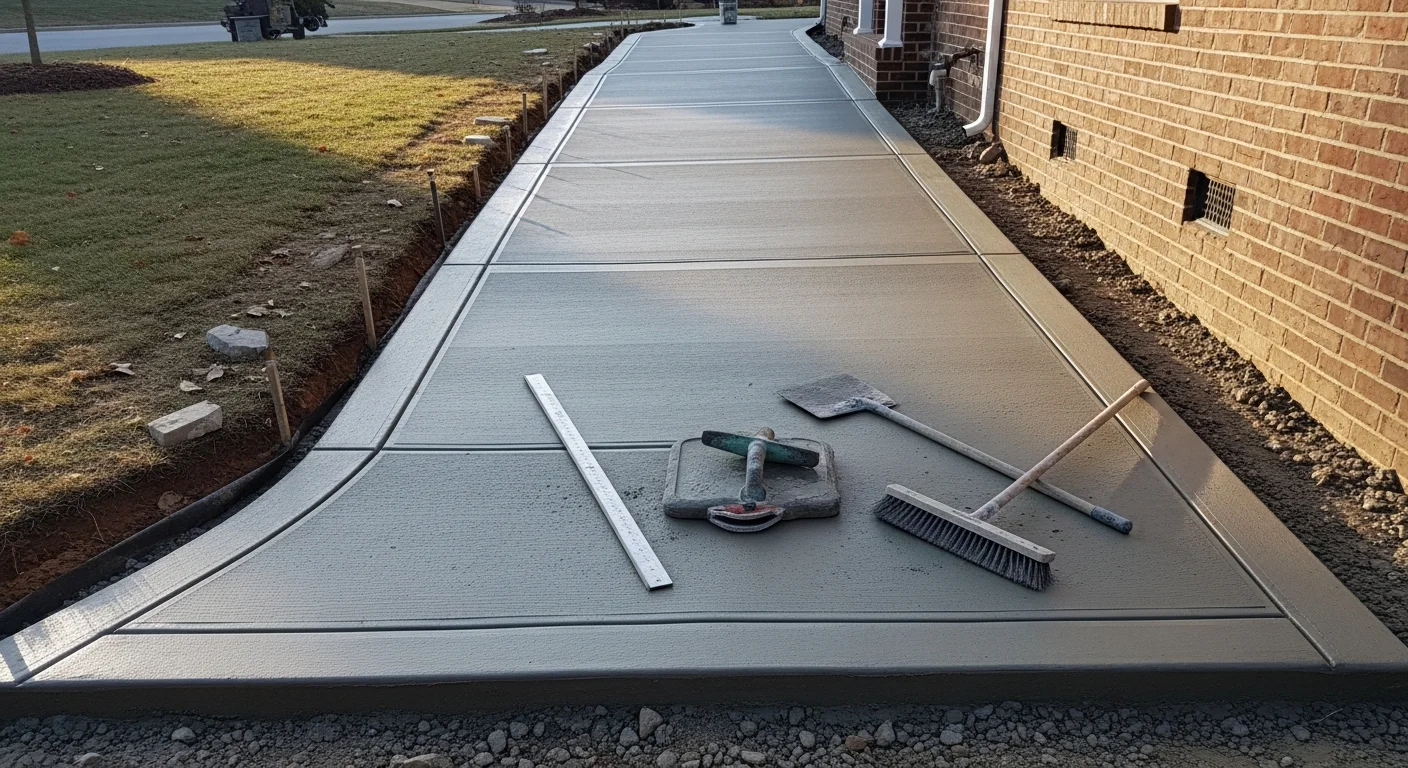 Freshly poured concrete sidewalk with a broom finish running from a residential driveway to a front entry door on an Archdale, NC property. The slab is level, cleanly edged, and sloped away from the home for drainage.